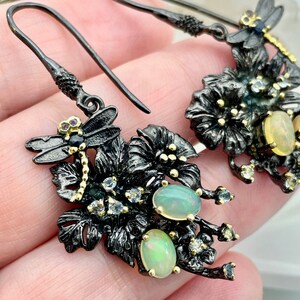 Artisan Ethiopian Opal and Blue Topaz Dangle Earrings Dragonfly Floral 925 Sterling Silver Black Rhodium/Yellow Gold Plated  Boho Flower