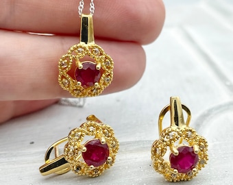 Natural red ruby and real diamonds pave earring necklace set, 925 sterling silver yellow gold plated