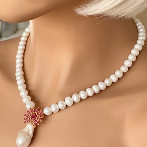Fancy White Large Baroque Pearl Red Ruby Necklace 925 Silver 18K Gold Plated / Bridal Wedding Anniversary