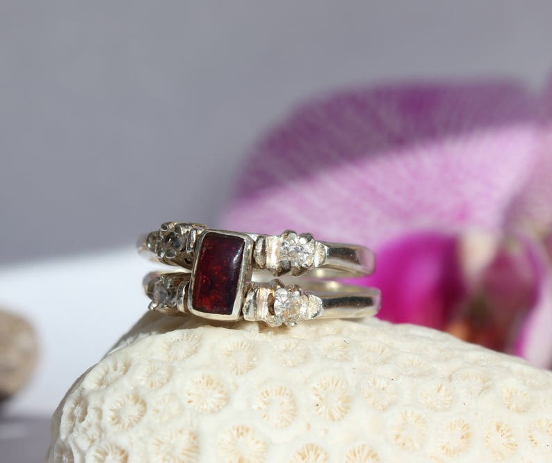 Larimar and Dominican Red Amber Cubic Zirconia Ring Multi-stone Sterling Silver Flip 2 way reversible genuine stone 8.75