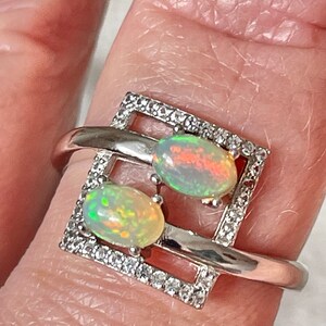 Size 9 Fiery Ethiopian Opal Cubic Zirconia Square Ring 925 Sterling Silver