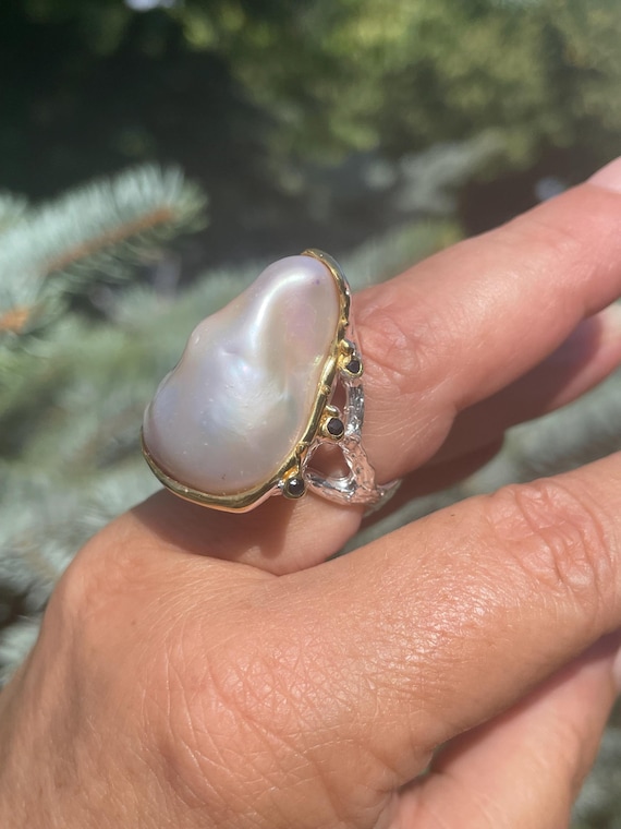 Huge Baroque Pearl Blue Sapphire 925 Sterling Silver Gold Ring Sz