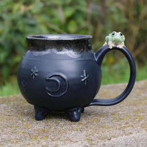 Hand Made Pottery Witch Cauldron Mug with Toad, Ceramic Halloween Coffee Cup, Black Green, Spooky Fun Fall Cup, Ready to Ship