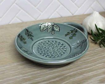 Garlic Grater in Blue Herb Design, Handmade Pottery Ginger Grater with Handle, Oil Dish, Salad Dressing Dish, Ready to Ship