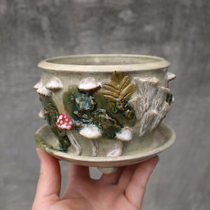 May include: A round, light-coloured ceramic planter with an attached saucer, featuring raised, sculpted details of various mushrooms and foliage in shades of green, brown, and a single red-and-white spotted mushroom cap on the exterior surface.