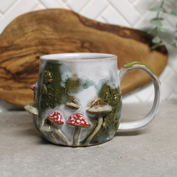 Mushroom Mug, Hand Made Ceramic Pottery Cup in Rustic White Green Wood Cottage, Forest Themed Mug, Ready to Ship