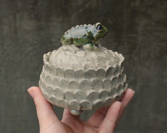 Frog Jar, Hand Made Sculpted Pottery in Green Beige, Toad Animal Art, Small Jar, Handmade Ceramic, Ready to Ship