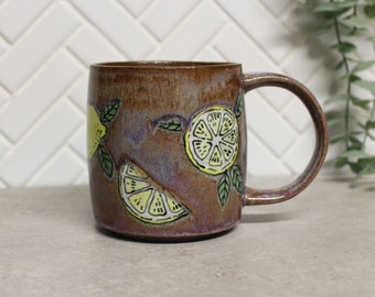 Hand Made Pottery Lemon Mug in Rustic Brown Purple Pink, Ceramic Coffee Cup, Lemons Fruit Illustrated, Yellow, Ready to Ship