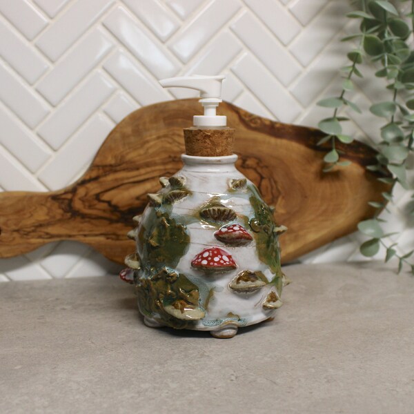 Mushroom Soap Pump, Hand Made Ceramic Soap Dispenser Bottle in Rustic White, Cottage Forest Red White, Removable Cork Pump, Ready to Ship