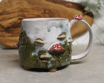 Mushroom Mug, Hand Made Ceramic Pottery Cup in Rustic White Green Wood Cottage, Forest Themed Mug, Ready to Ship