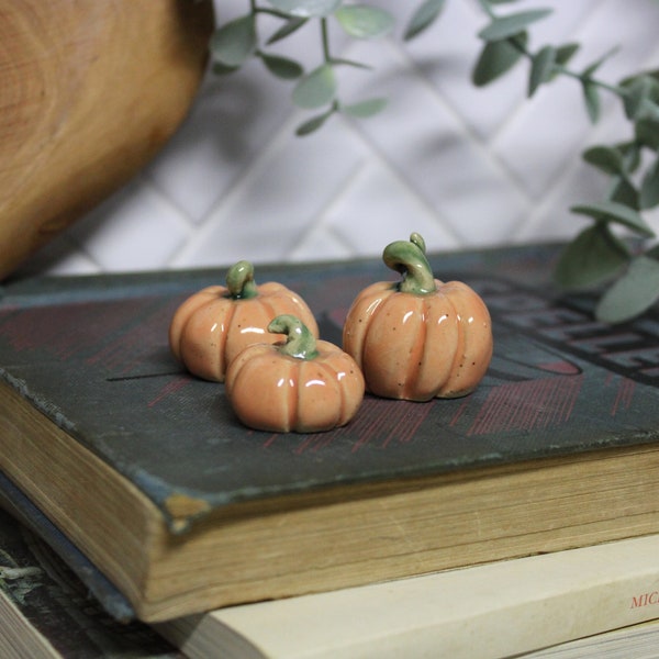 Set of Three Tiny Pottery Pumpkins, Mini Statues, Decorative Halloween Fall Gift, Orange and Green, Ceramic Clay, Ready to Ship
