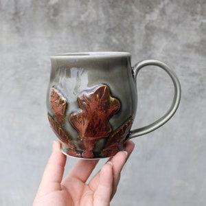 Pottery Leaf Mug, Copper Grey Ceramic Coffee Cup, Raised Leaves Design, Fall Autumn, Ready to Ship image 1