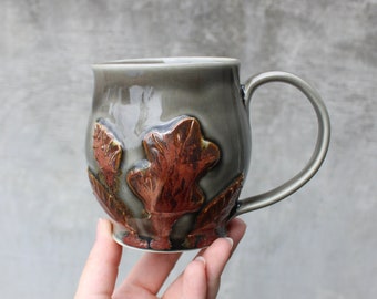 Pottery Leaf Mug, Copper Grey Halloween Ceramic Coffee Cup, Raised Leaves Design, Fall Autumn, Ready to Ship