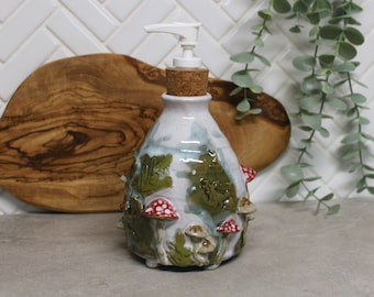 Mushroom Soap Pump, Hand Made Ceramic Soap Dispenser Bottle in Rustic White, Cottage Forest Red White, Removable Cork Pump, Ready to Ship