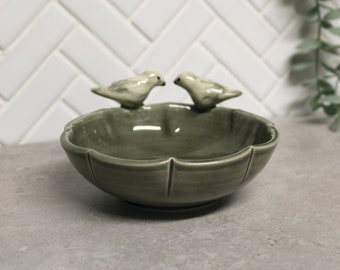 Love Birds Ring Dish, Hand Made Ceramic Pottery Ring Bowl in White and Grey, Valentines Jewellery Bowl, Unique Dish, Ready to Ship