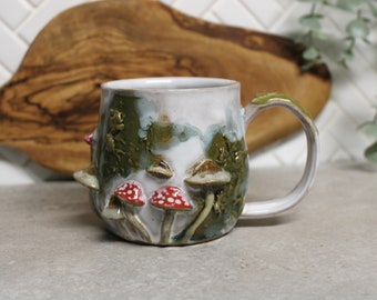 Mushroom Mug, Hand Made Ceramic Pottery Cup in Rustic White Green Wood Cottage, Forest Themed Mug, Ready to Ship