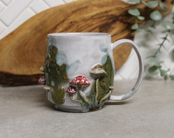 Mushroom Mug, Hand Made Ceramic Pottery Cup in Rustic White Green Wood Cottage, Forest Themed Mug, Ready to Ship