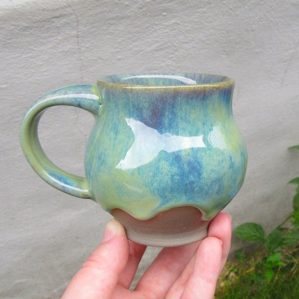 Small Hand Made Pottery Mug, Green Blue Coffee Cup, Ready to Ship