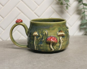 Small Mushroom Mug, Hand Made Ceramic Pottery Cup in Beige Green Wood Cottage, Forest Themed Mug, Ready to Ship