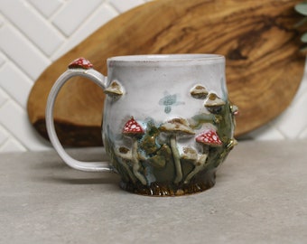 Small Mushroom Mug, Hand Made Ceramic Pottery Cup in Rustic White Green Wood Cottage, Forest Themed Mug, Ready to Ship