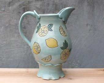 Large Pottery Pitcher with Lemons, Blue Yellow Green Ceramic Jug or Vase, Ready to Ship