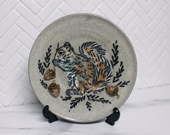 Hand Made Pottery Squirrel Plate, Ceramic Christmas Tray, Grey Brown Black, Santa Cookie Plate, Ready to Ship