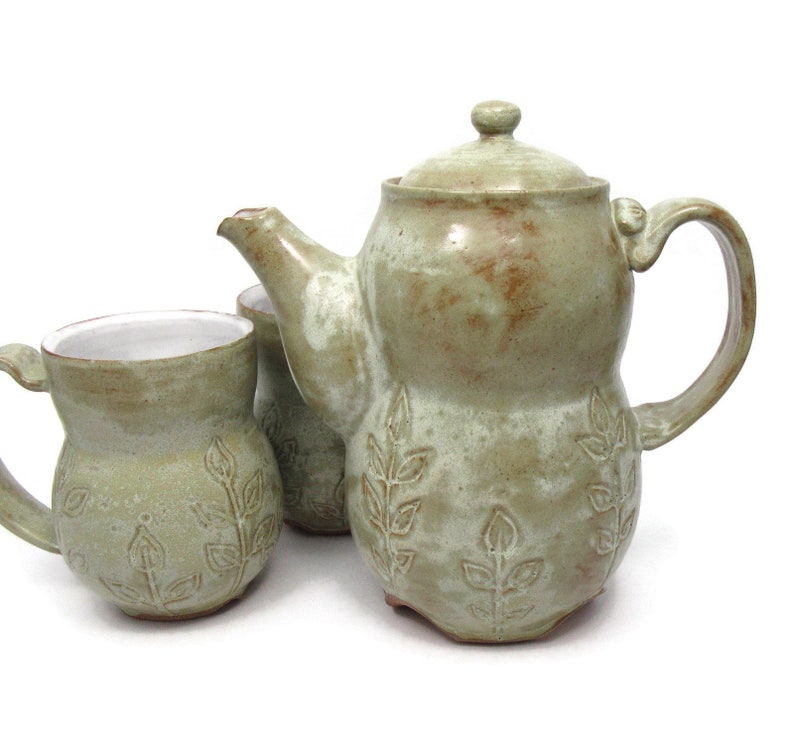 Large Earthy Teapot Two Cups Handmade Ceramic Teapot and mug Ready to Ship Green and White Tea Set with Leaf Design Handmade Pottery