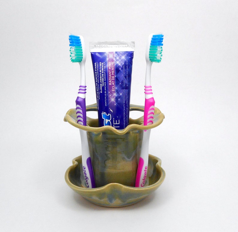 Toothbrush Holder Ready to Ship Pottery Bathroom Caddy 4 Slot Bathroom Container Green and Blue Accessory Tooth Brush Toothpaste