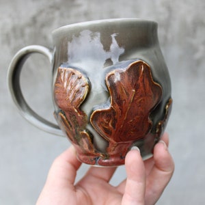 Pottery Leaf Mug, Copper Grey Ceramic Coffee Cup, Raised Leaves Design, Fall Autumn, Ready to Ship image 4