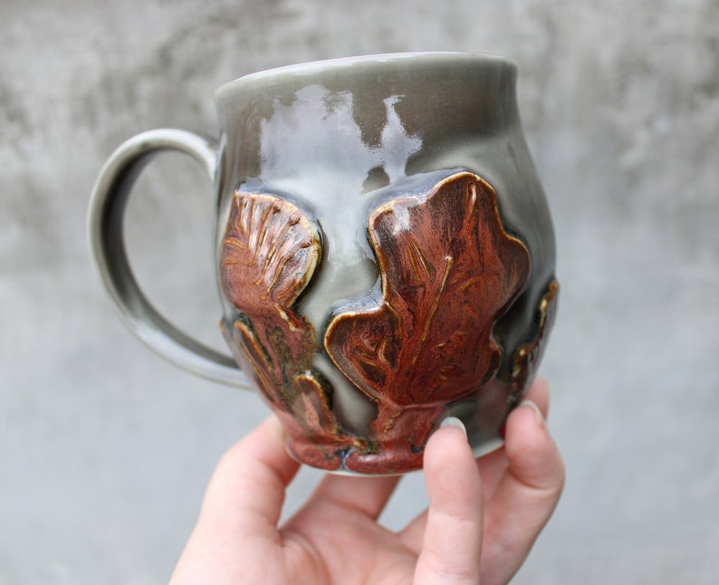 Pottery Leaf Mug, Copper Grey Ceramic Coffee Cup, Raised Leaves Design, Fall Autumn, Ready to Ship image 4