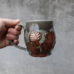 Pottery Leaf Mug, Copper Grey Ceramic Coffee Cup, Raised Leaves Design, Fall Autumn, Ready to Ship image 10