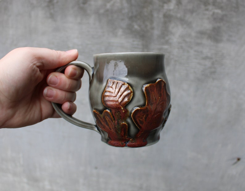 Pottery Leaf Mug, Copper Grey Ceramic Coffee Cup, Raised Leaves Design, Fall Autumn, Ready to Ship image 10