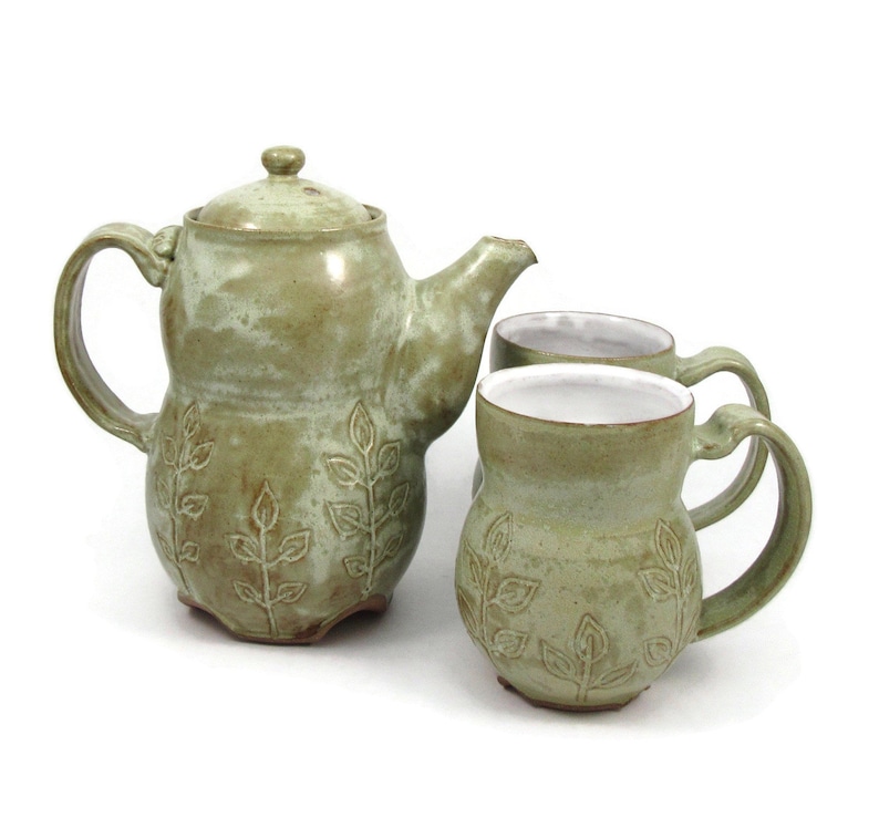 Large Earthy Teapot Two Cups Handmade Ceramic Teapot and mug Ready to Ship Green and White Tea Set with Leaf Design Handmade Pottery