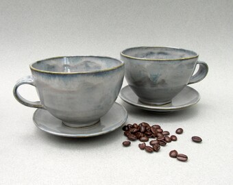 Tea Cups, Pair of Hand Made Ceramic Pottery Cups with Saucers, Cappuccino Cup Set. Latte Cup, Two Tea Cups in Grey, Ready to Ship
