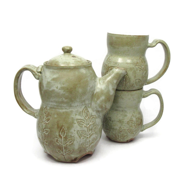 Large Earthy Teapot Two Cups Handmade Ceramic Teapot and mug Ready to Ship Green and White Tea Set with Leaf Design Handmade Pottery