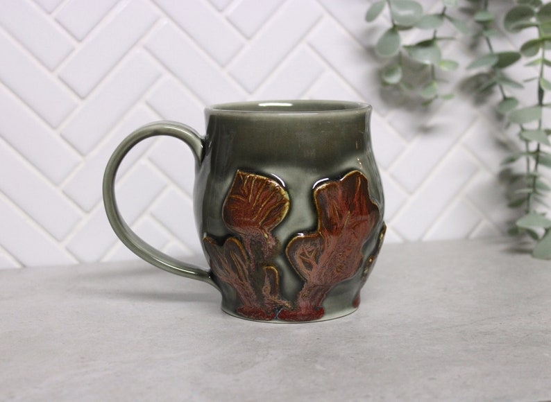 Pottery Leaf Mug, Copper Grey Ceramic Coffee Cup, Raised Leaves Design, Fall Autumn, Ready to Ship image 6