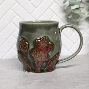 Pottery Leaf Mug, Copper Grey Ceramic Coffee Cup, Raised Leaves Design, Fall Autumn, Ready to Ship image 3