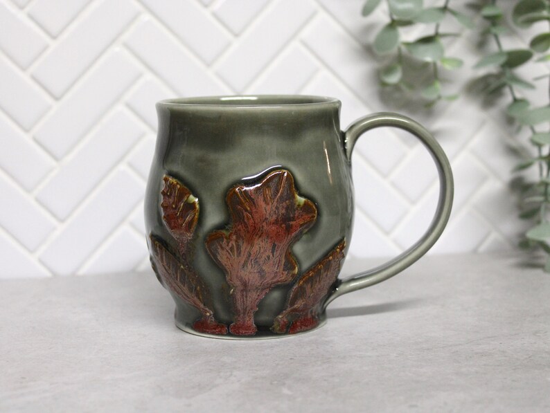 Pottery Leaf Mug, Copper Grey Ceramic Coffee Cup, Raised Leaves Design, Fall Autumn, Ready to Ship image 3