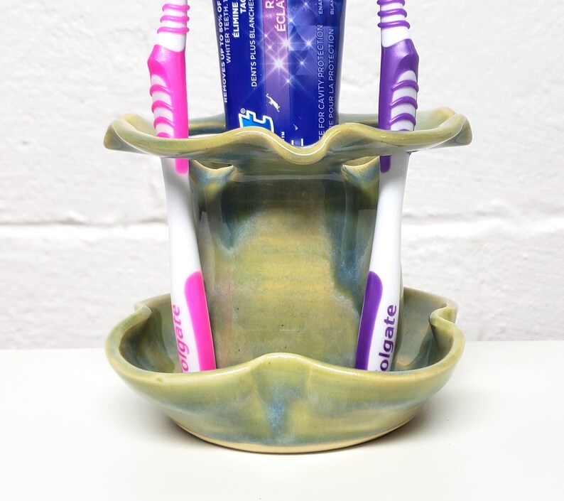 Toothbrush Holder Ready to Ship Pottery Bathroom Caddy 4 Slot Bathroom Container Green and Blue Accessory Tooth Brush Toothpaste