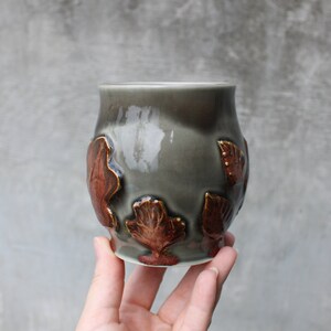Pottery Leaf Mug, Copper Grey Ceramic Coffee Cup, Raised Leaves Design, Fall Autumn, Ready to Ship image 7