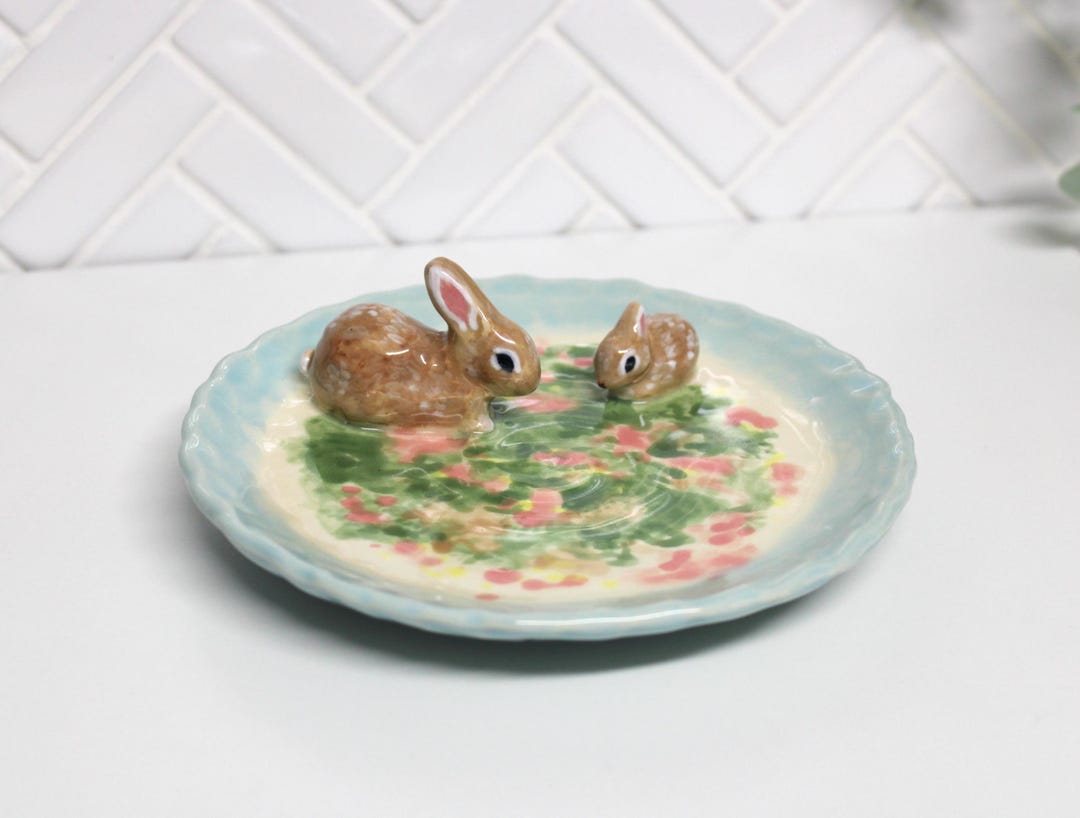 Small Pottery Rabbit Dish, Hand Made Ceramic Catch All Bowl With ...