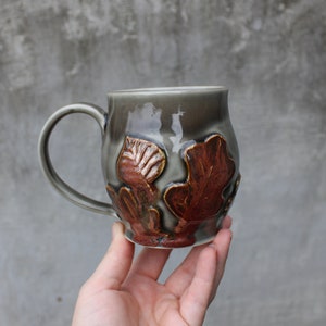 Pottery Leaf Mug, Copper Grey Ceramic Coffee Cup, Raised Leaves Design, Fall Autumn, Ready to Ship image 2