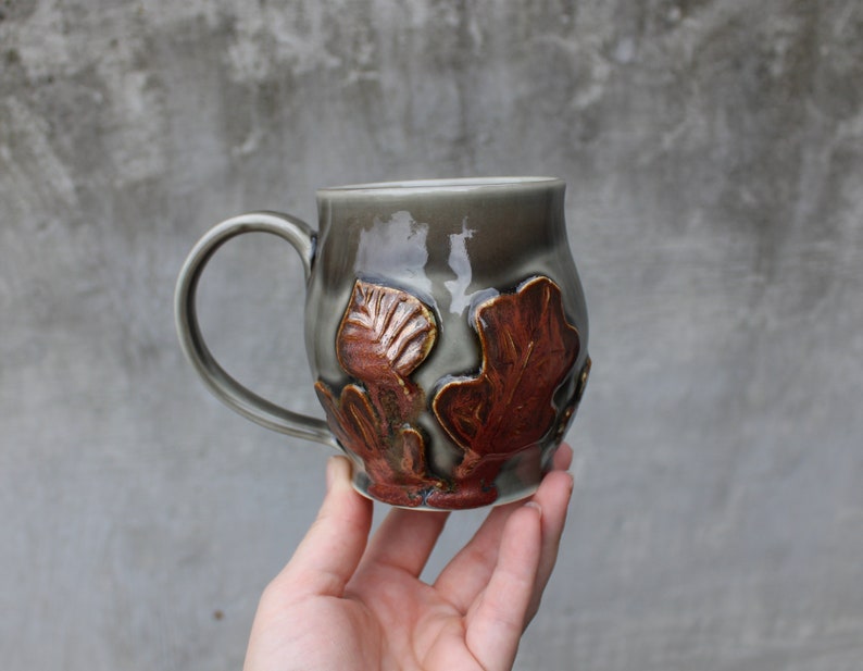 Pottery Leaf Mug, Copper Grey Ceramic Coffee Cup, Raised Leaves Design, Fall Autumn, Ready to Ship image 2