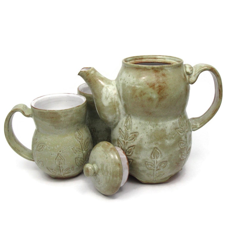 Large Earthy Teapot Two Cups Handmade Ceramic Teapot and mug Ready to Ship Green and White Tea Set with Leaf Design Handmade Pottery