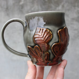 Pottery Leaf Mug, Copper Grey Ceramic Coffee Cup, Raised Leaves Design, Fall Autumn, Ready to Ship image 5