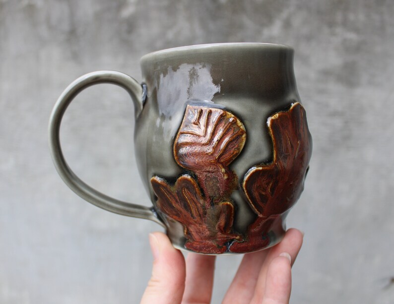 Pottery Leaf Mug, Copper Grey Ceramic Coffee Cup, Raised Leaves Design, Fall Autumn, Ready to Ship image 5