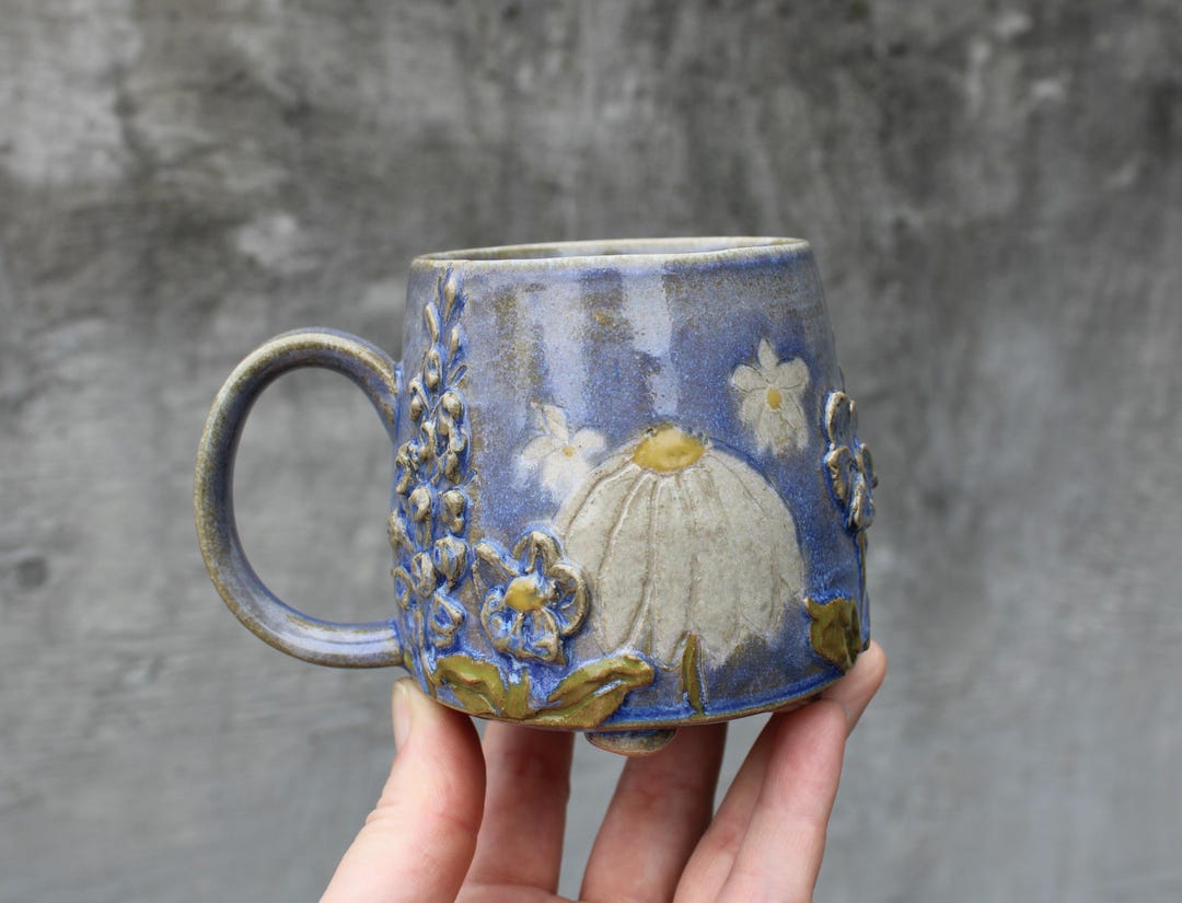 Handmade Pottery Mug, Blue Floral Design, Sculpted Flowers - Etsy