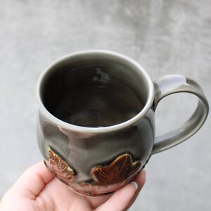 Pottery Leaf Mug, Copper Grey Ceramic Coffee Cup, Raised Leaves Design, Fall Autumn, Ready to Ship image 8