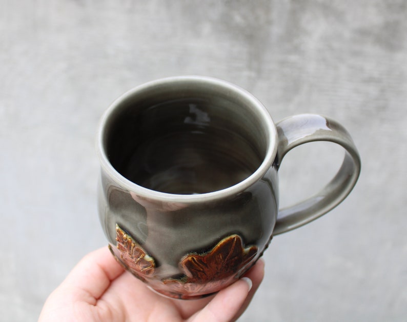 Pottery Leaf Mug, Copper Grey Ceramic Coffee Cup, Raised Leaves Design, Fall Autumn, Ready to Ship image 8