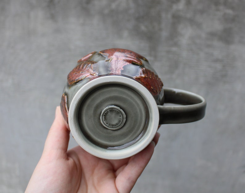 Pottery Leaf Mug, Copper Grey Ceramic Coffee Cup, Raised Leaves Design, Fall Autumn, Ready to Ship image 9